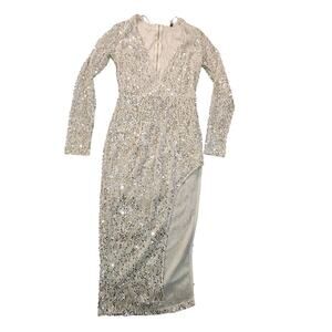 Blanc Medium white silver embellished v neck long sleeve maxi bodycon dress